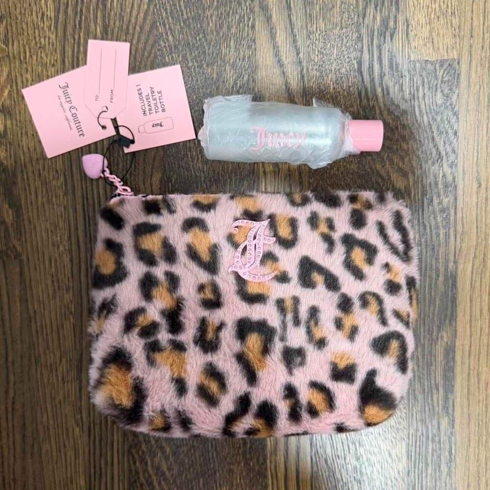 juicy couture pink and leopard print makeup cosmetic bag with travel bottle NWT